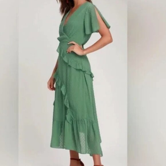 Lulu’s Next to You Sage Green Swiss Dot Ruffled Midi Dress Split Short Sleeve Sm - Picture 1 of 4